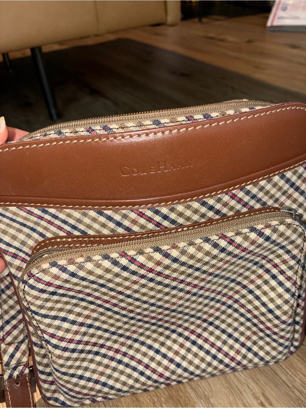 Cole Haan Vintage Plaid Fabric Leather Trim Crossbody Shoulder Bag